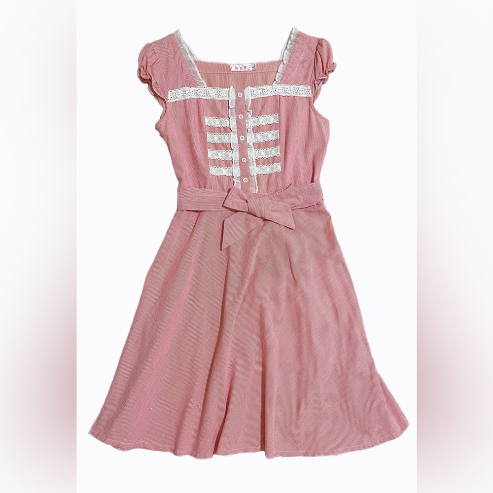 Women's Pink Knee Length Dress with Lace Trim Flutter Sleeve Belted Summer Dress